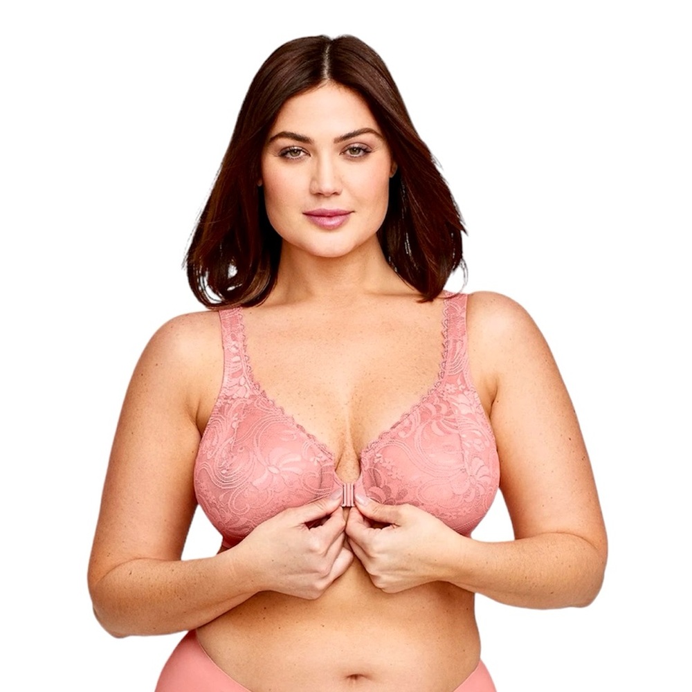 •Glamorise 40E WonderWire Front Close Pink Stretch Lace Bra! NEW!